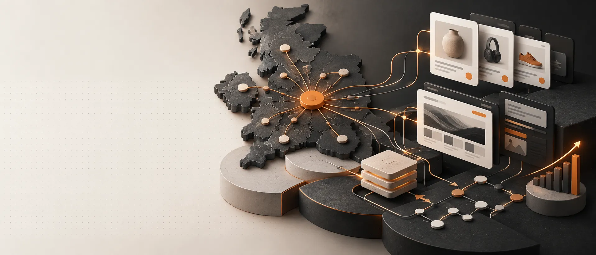 Abstract 3D United Kingdom business network with Birmingham represented as a central search and ecommerce hub