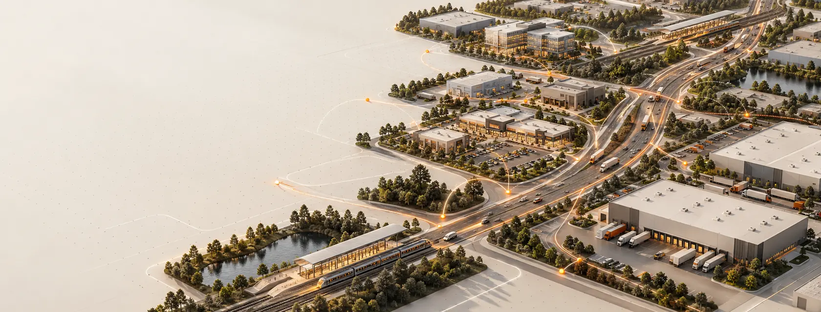 Abstract Edison corridor connecting logistics, industry, retail, offices, rail, and search pathways