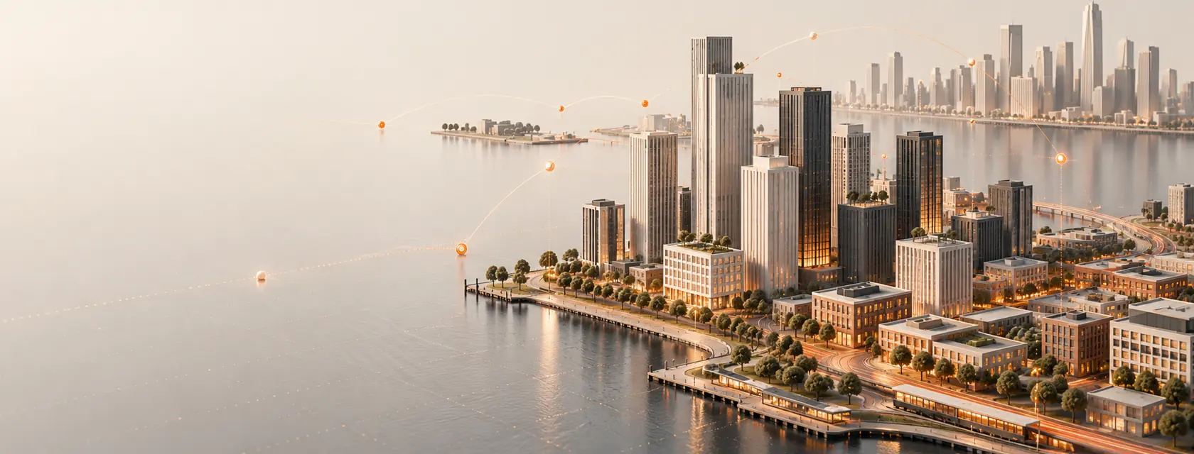 Abstract waterfront network connecting Jersey City professional, neighborhood, and regional search demand