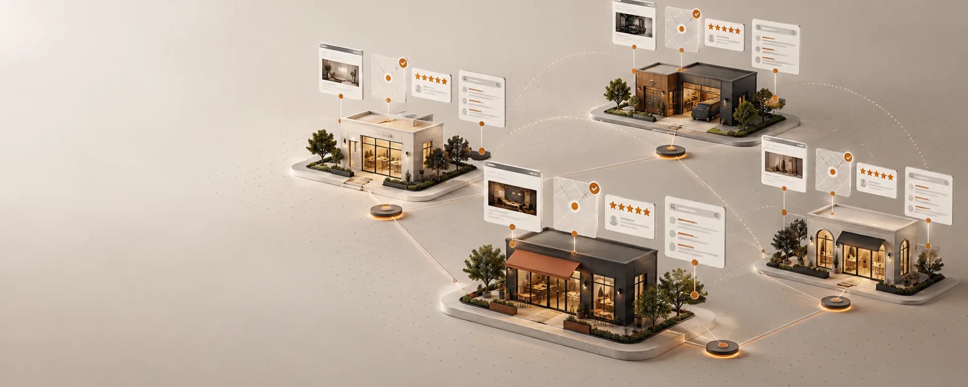Abstract network of genuine client locations, websites, reviews, and local search signals