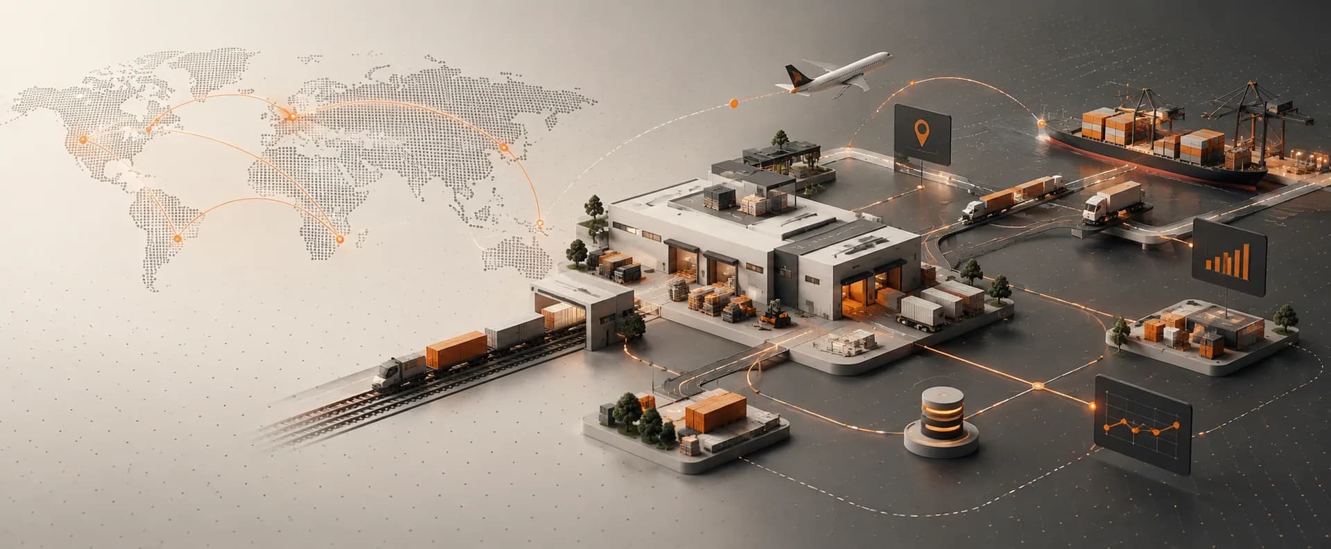 Abstract 3D logistics network connecting warehouses, freight routes, and measurement