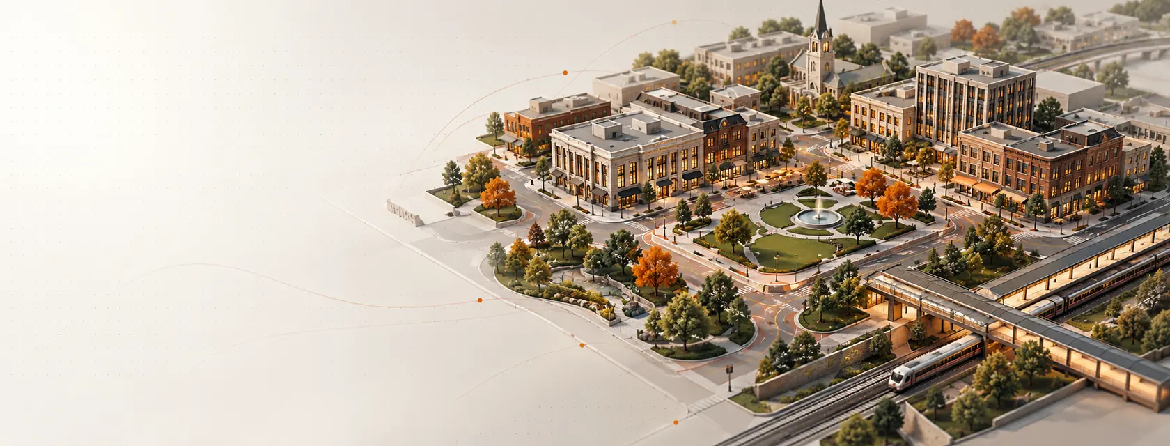 Abstract Morristown network connecting a walkable downtown, professional services, hospitality, retail, wellness, and regional transit